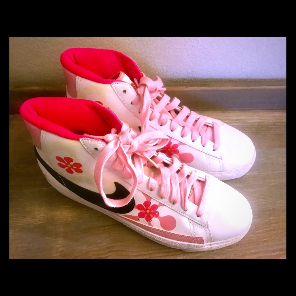 Nike Kids White and Pink High-Top Sneakers with Floral Accents